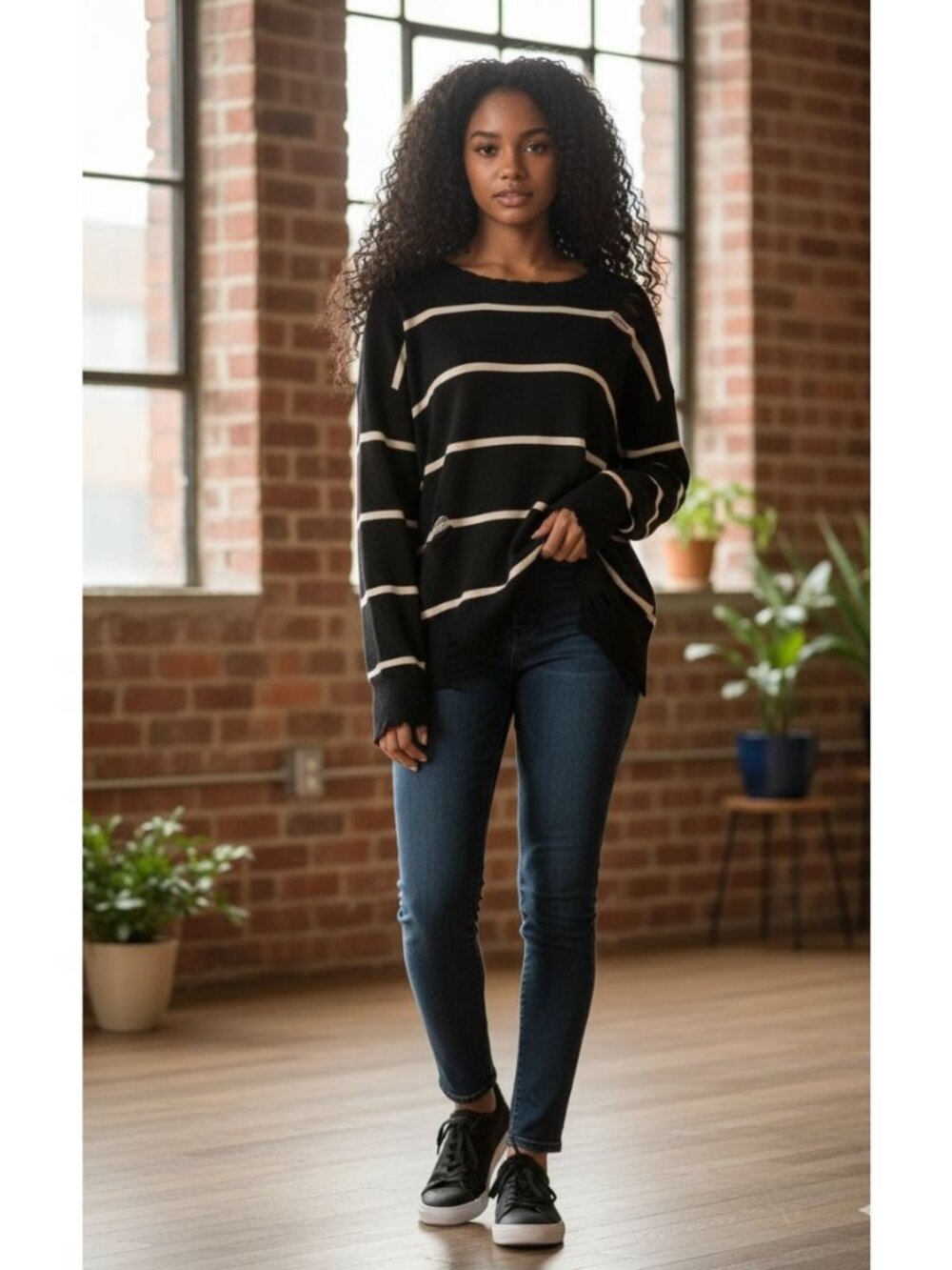 Pol Relaxed Fit Distressed Striped Sweater Women Size Small